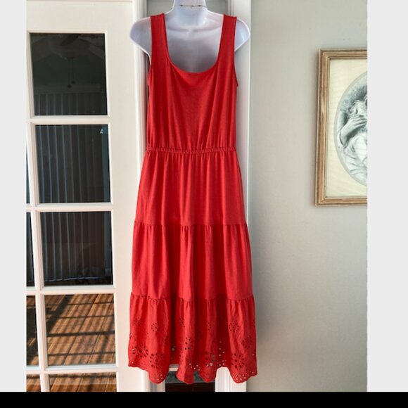 Talbot's Fit & Flare Coral Tiered Eyelet Ruffle Midi Dress Medium - Picture 4 of 13